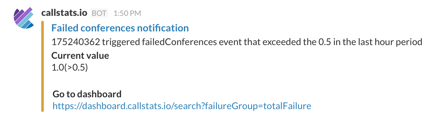 A callstats.io notification sent to Slack