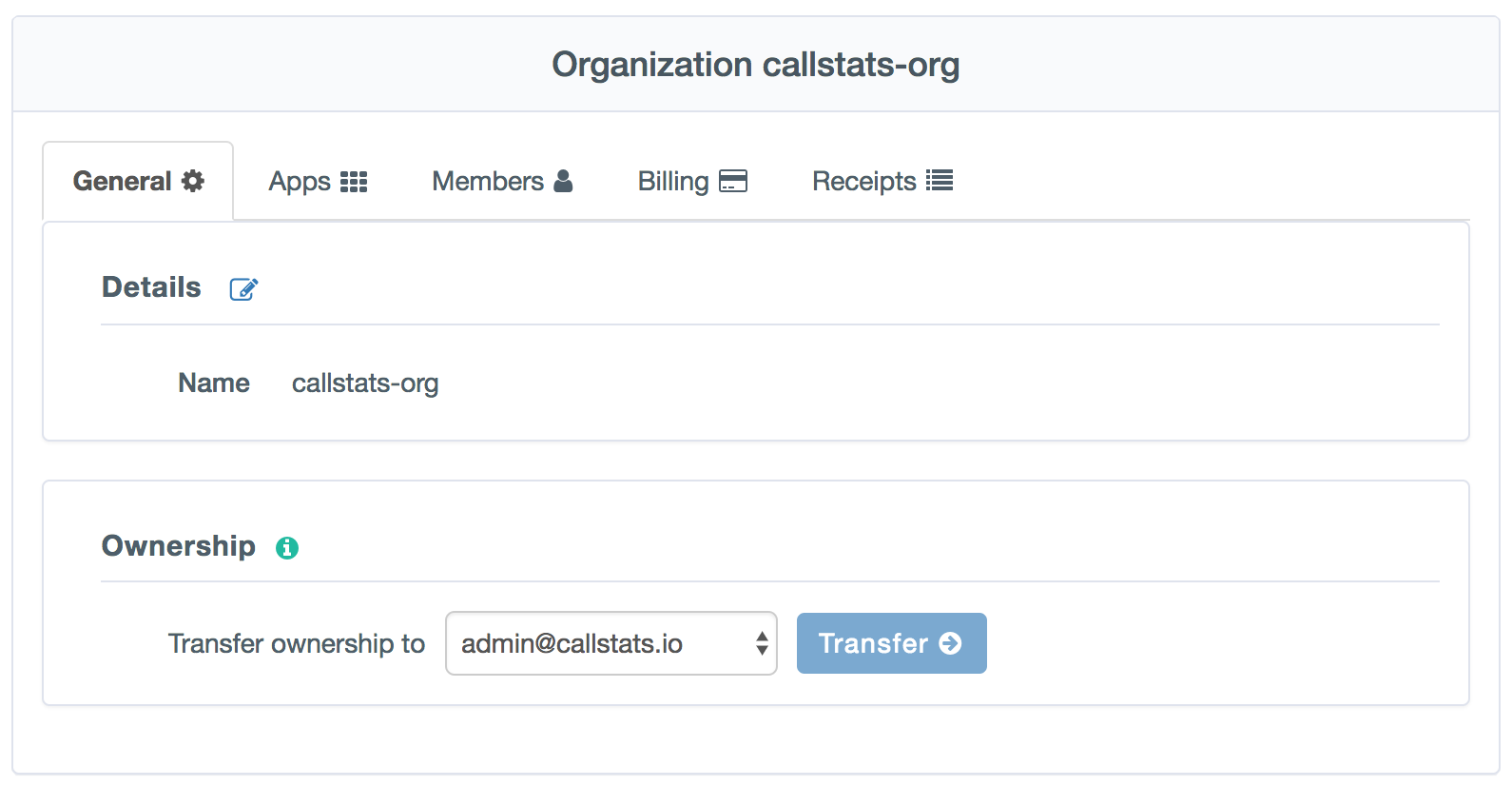 Changing ownership in the callstats.io dashboard